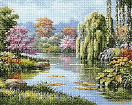 Spring Hidden Pond Diamond Painting Set By Wizardi. Garden Wd090 Art Kit. Large Kit