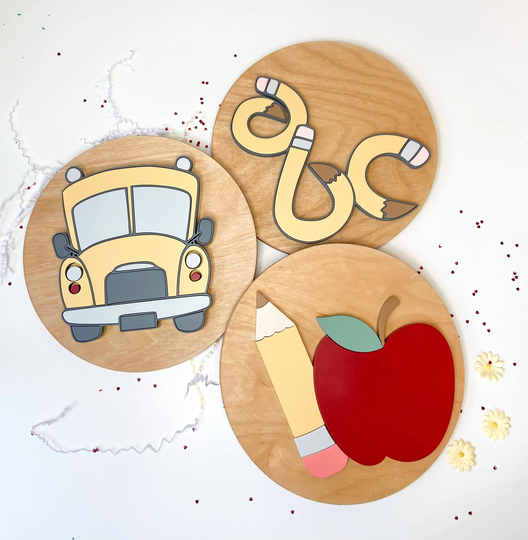 Back To School | Classroom Decor Apple Pencil Bus Round Wood Sign First Day Of