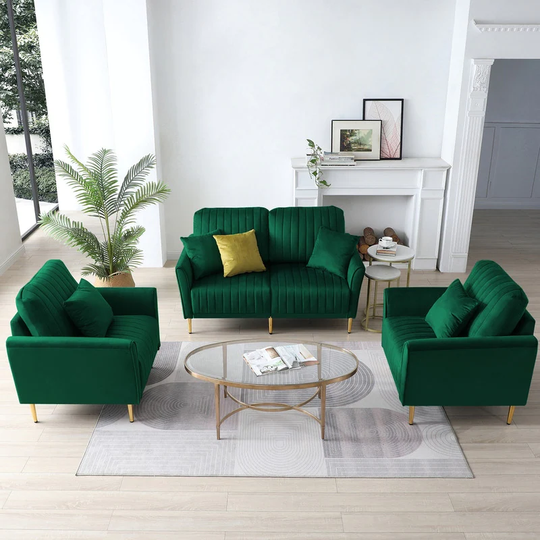 3 Pieces Velvet Tufted Sofa Set for with 2 Piece Single Chair & 2-Seater Sofa