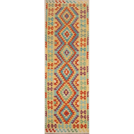 Colorful Geometric Kilim Oriental Runner Rug Flat-weave Wool Carpet - 2'10"x 9'10"