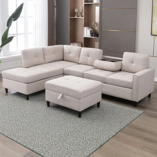 Sectional Sofa with Chaise, L-Shaped Sofa Set with Storage Ottoman, Sectional Couch with Cup Holders