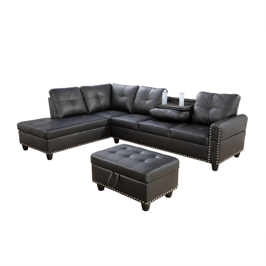Left Facing Black Faux Leather Sectional Sofa with Drop Down Table(9912A)