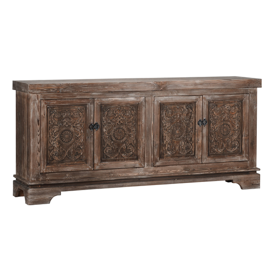 Reclaimed Wood 4 Door Sideboard with Hand Carved Floral Pattern, Brown