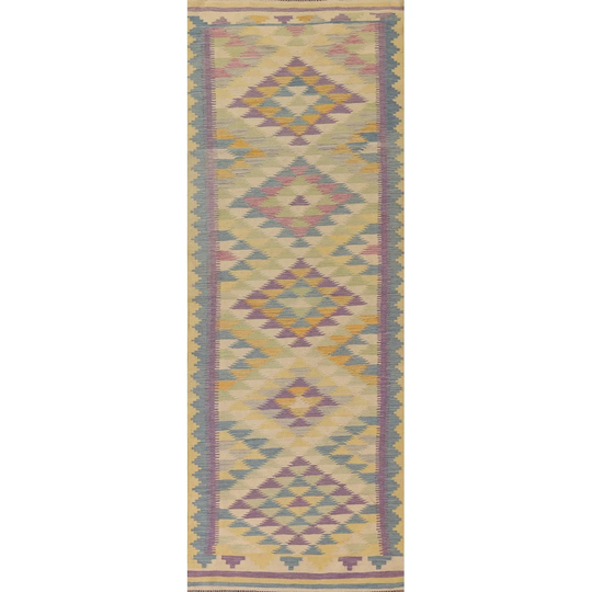 Kilim Multi-Color Geometric Oriental Runner Rug Hand-woven Wool Carpet - 3'6"x 11'0"