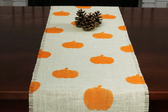 Fall Burlap Table Runner, Orange Pumpkins Autumn Decor, Decor