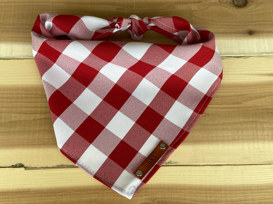 Dog Bandana, Red White Plaid Traditional Tie, Personalized Leather Name Tag Bandanna, Scarf, Pet Accessories, Bandana