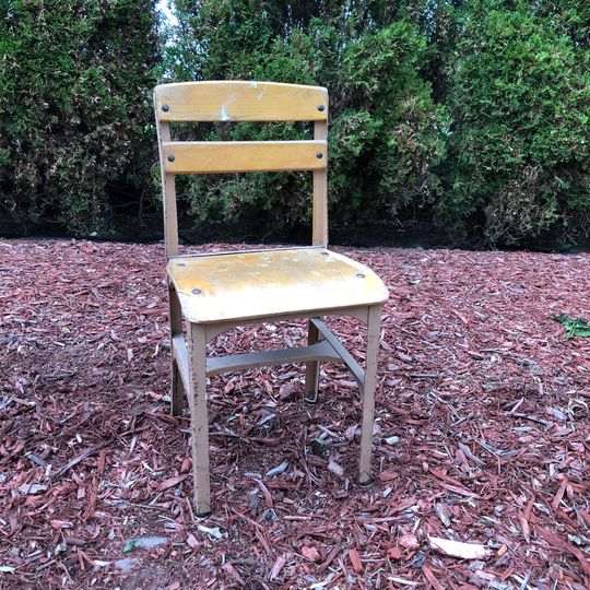 Antique Kids School Chair Metal Frame Wooden Back & Seat in A Yellowish Wood Finish. Very Antiqued Small