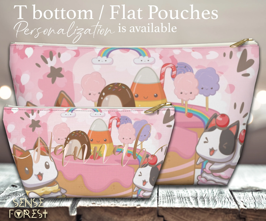 Kawaii Cherry Blossom Macaroon Cats Accessory Pouch, Cute T-Bottom Pouch, Travel Makeup Bag, Pink Large Zipper Flat Rainbow Pencil Case