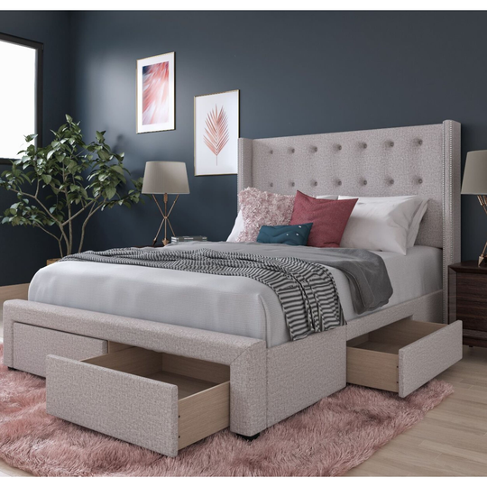 DG Casa Savoy Button-tufted Beige Linen Wingback 4-drawer Storage Bed