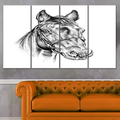 'Freehand Horse Head Pencil Drawing' 4 Piece Painting Print on Wrapped Canvas Set