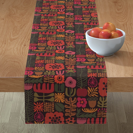Retro Autumn Table Runner - Scandi September By Trinetollefsen Leaves Floral Cotton Sateen Spoonflower