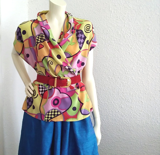 80S Laurel | Escada Colorful Blouse Pure Silk Multicolor Wrapped Shawl Collar Summer Pop-Art 42 Size Sleeveless Hearts Print