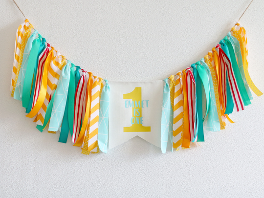 Submarine 1st Birthday, High Chair Boy Banner, Personalized Garland, First Birthday Decorations, Mint Yellow Bunting