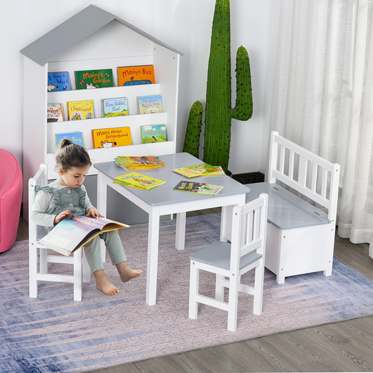 Qaba 4-Piece Childrens Table Set with Kids Storage Bench