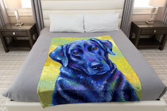 Colorful Black Labrador Retriever Cute Blue Dog Pop Art Plush Fleece Minky Throw Blanket