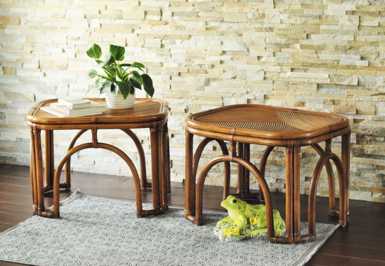 Pair Pencil Reed Bent Rattan End Tables-Nice Crespi Style Curved Coastal Tropical Boho Tables