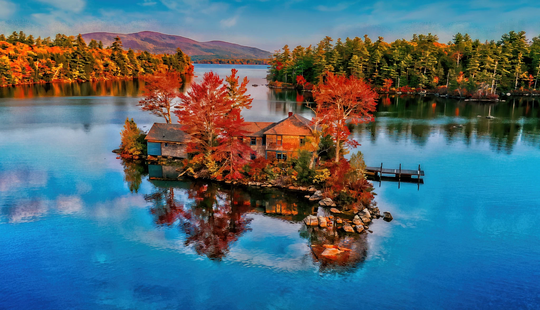 New Hampshire Fall Colors - Squam Lake Island House Canvas Art | Foliage Print Photo Paper Framed Picture Metal