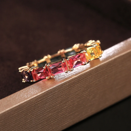 stackable Band Ring For Women Colored Gem Matching Trendy Best Friend Gift With Multicolored Rainbow Zircons