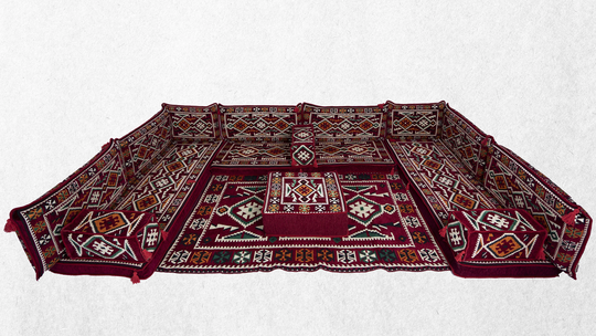 Maroon Floor Cushions, Arabic Majlis, U Shaped Arabic Sofa Set, Traditional Design Lounge Set, Oriental Seating Set, Pillows