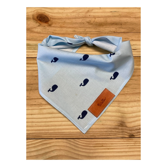 Dog Bandana, Blue & Navy Whales, Traditional Tie, Personalized Leather Name Tag Bandanna, Pet Accessories, Bandana