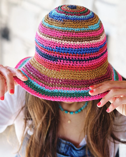 Colorful Sun Hat, Straw Bucket Hat, Beach Stripe Summer Straw Crochet Summer Hat
