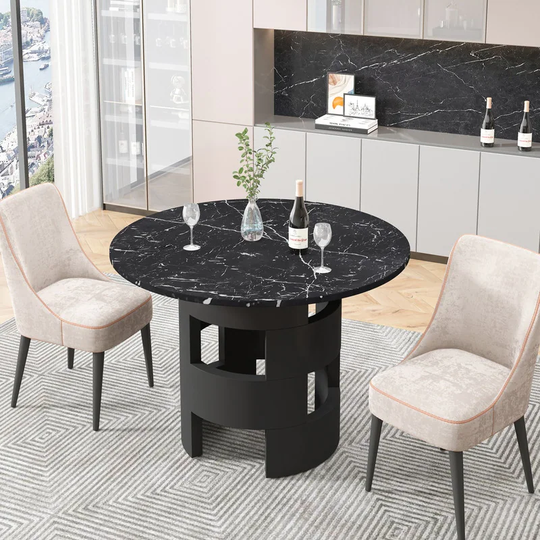 Modern Round Dining Room Table with Printed Black Marble Table Top