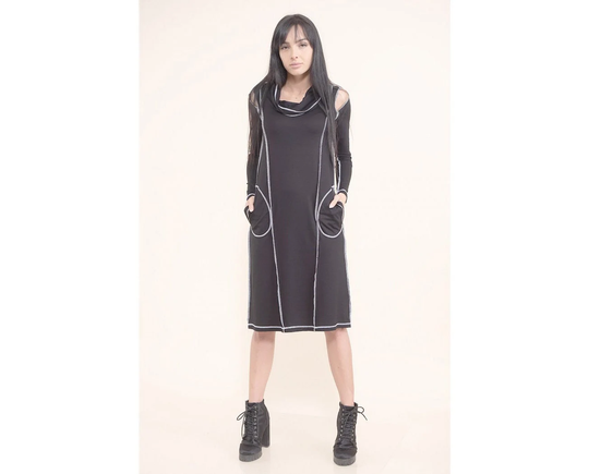 Kee Length Black Dress With Side Pockets/Pencil Polo Plus Size Maxi Long Sleeve Open Shoulder Party