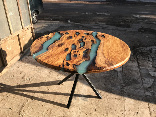 Round Olive Epoxy Table, Blue Circle Resin Turquoise Table For 6 People, Custom Made