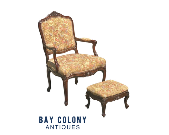 19Th Century Antique Walnut French Provincial Arm Chair & Footstool with Matching Floral Fabric