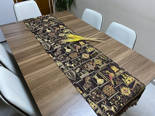 Dark Brown Cappadocia Turkish Table Runner, Boho Runner For Wedding, Ottoman Home Decor, Farmhouse Decoration, Rnr497