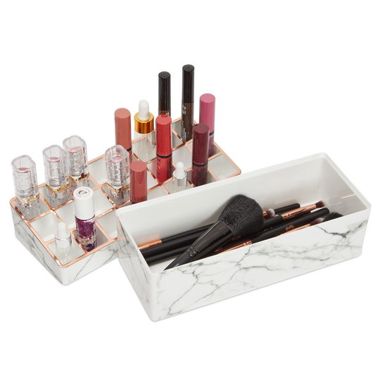 2-Tier Marble Makeup Organizer with Gold Trim, Lipstick Display Case, Brushes & Vanity Storage (9.15 x 4.5 x 3.75 in)