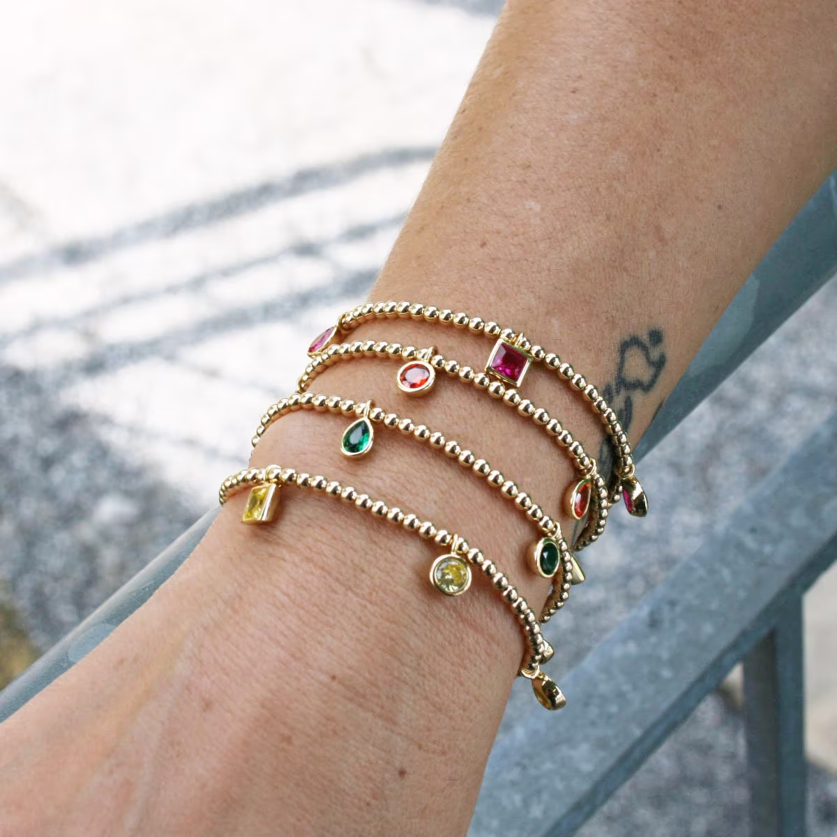 Charm Cz Gold Filled Bracelet, Cubic Zirconia Teardrop Square Round Beads, Stretch Stacking Bracelet