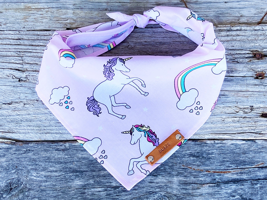 Dog Bandanas, Pink Unicorns Bandana Traditional Tie, Personalized Leather Name Tag Over Collar, Pet Accessories