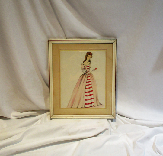 Original Pencil & Watercolor Fashion Portrait, Framed Unsigned Art