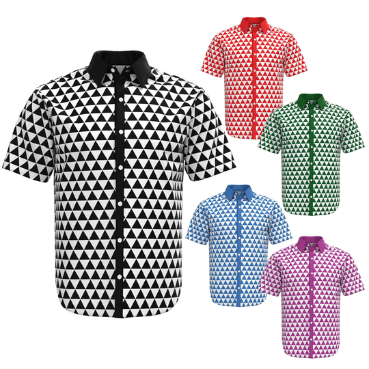 Triangles Geometric Pattern Black Red Blue Purple White Psychedelic Short Sleeve Button Shirt