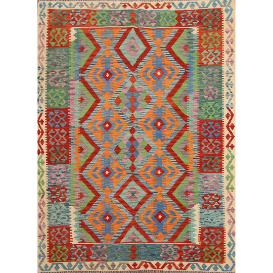 Colorful Kilim Oriental Area Rug Flat-weave Southwestern Wool Carpet - 5'3"x 6'7"