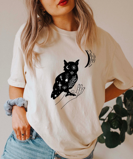 Comfort Colors Celestial Animals Shirt, Great Gray Owl Top, T-Shirt, Comfy Oversized T-Shirt