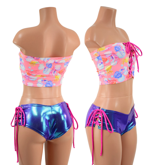 2Pc Jelly Fish Tube Crop Top With Front Lace Up // Moonstone Cheeky Booty Shorts Pink Sj Ties - 157790