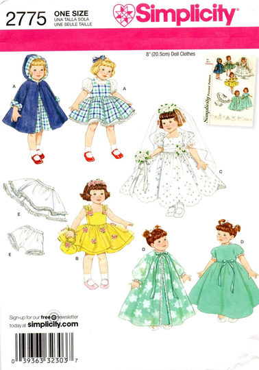 Simplicity 2775 Re-Issued Vintage 8" Doll Clothes Pattern