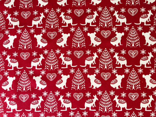 Christmas Scandi Koala & Kangaroo Red Quilting Cotton Fabric By 1/4, 1/2 Yard Or Fat Quarter, Tree Snowflake Love Heart