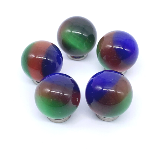 16mm Nimbus Tri-Color | Blue, Red/Orange, Green Cat's Eye Marble Fiber Optic Spheres - Pack Of 5 With Stands, Round Cabochons