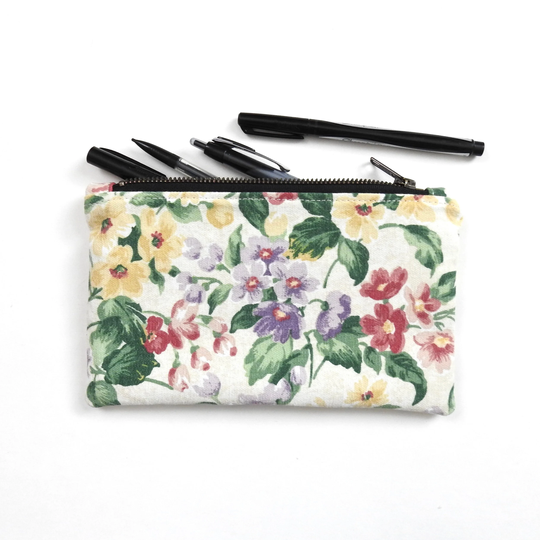 Canvas Pencil Case, Medium Zipper Pouch, Vintage Floral Fabric