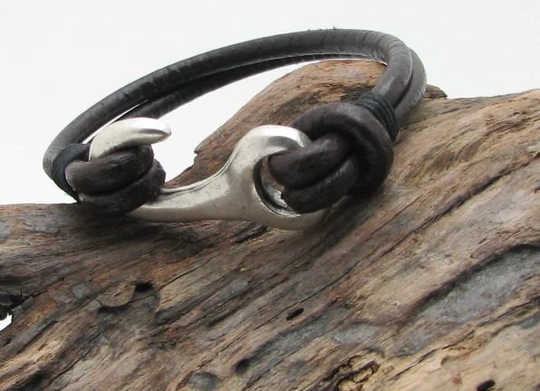Black Leather Bracelet, Hook Gift For Him, Mens Christmas Gift Bracelet With Silver Plated Hook