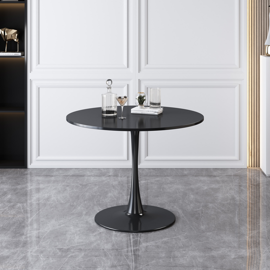 Modern Black Printed Marble Top Round Dining Table with Solid Metal Base & Scratch Resistant and Easy To Clean, Coffee Table