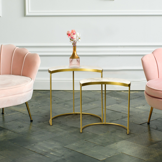 Nesting Half Moon Table| White/Gold| Set Of 2| Genuine Marble| Golden Iron Legs| Top Material 100% 21x15.5x21/ 18x13.5x18