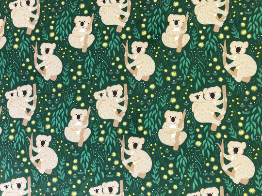 Koala Mum & Baby in Aussie Meadow Green Floral Quilting Cotton Fabric By 1/2 Yard Or Fat Quarter, Australian Native