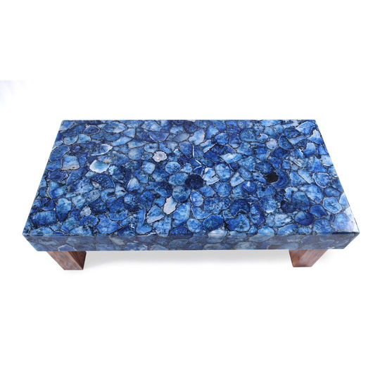 Backlit Blue Agate Gemstone Coffee Table With Acacia Wooden Base