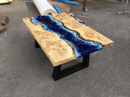 Poplar Wood Epoxy Coffee Table With Wavy Ocean Design