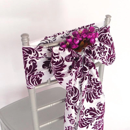 5 Pack Damask Flocking Taffeta Chair Sashes, Eggplant/White Wedding Decorative Sashes - 6"x108"