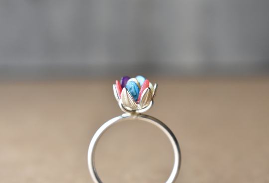 Festival Jewelry With Confetti Color, Gemologies Authentic Lotus Ring Rainbow Colors Set in Sterling Silver, Size 6